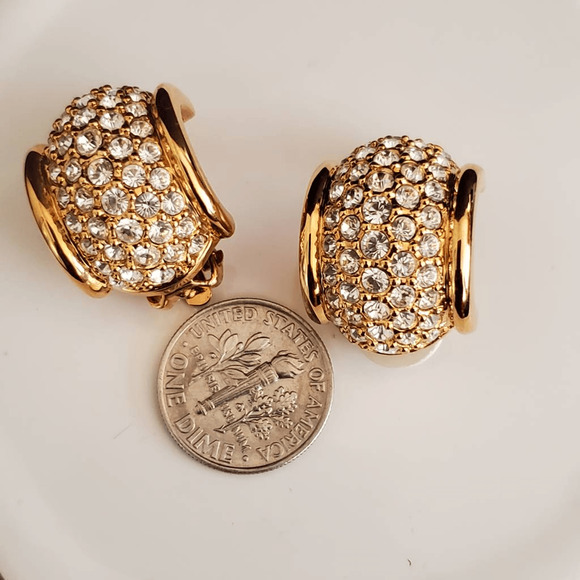 Swarovski Half Hoop Earrings Gold Plated Pave Crystals Clip-On Swan Signed - Picture 7 of 7